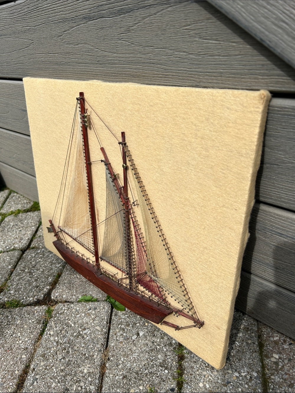 vintage wooden ship string art wall hanging featuring a schooner - Picture 3 of 12